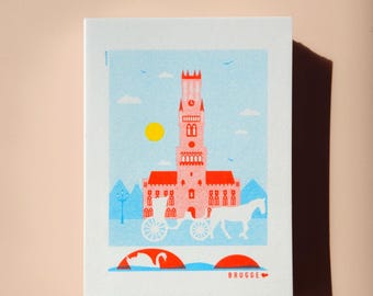 Postcard Bruges Belfry 03 aqua/red/yellow - risograph print + envelope