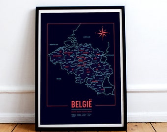 Map Belgium A3 screenprint -  11.4 x 16.5 in - A3 - Dark blue