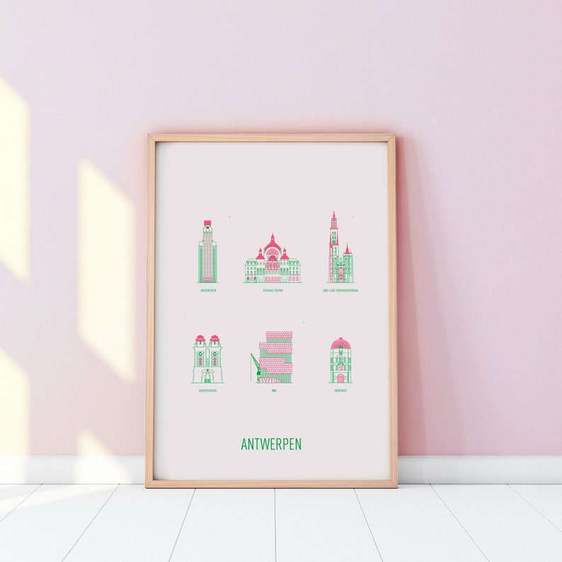 Antwerpen A3 poster zeefdruk Handmade 29,7 x 42 cm Roze/groen afbeelding 1