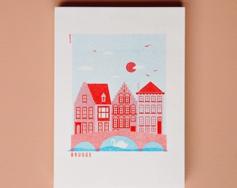 Postcard Bruges blue/red - riso + envelope