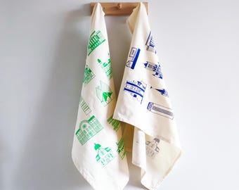 Tea towel buildings Ghent 02 - blue - fluorescent red - green