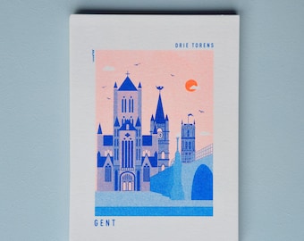 Postcard The tree towers Ghent blue + fluo orange - riso + envelope