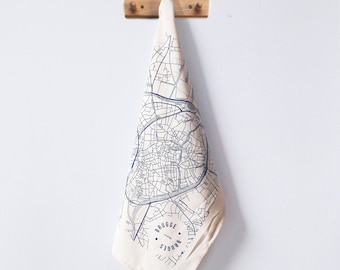 Bruges Tea towel map - blue - fluo red