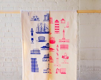 Tea towel icons of the Belgian coast  - blue - fluo red- 100% certified organic cotton