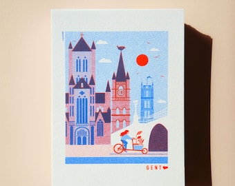 Postcard Ghent three towers  bicycle - blue/red - risograph print + envelope