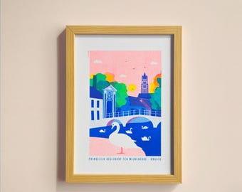 A5 poster Bruges Beguinage swan  - riso print - 21 x 14,8 cm