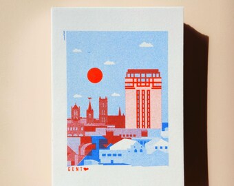 Postcard rooftops of Ghent summer - blue/red - risograph print + envelope