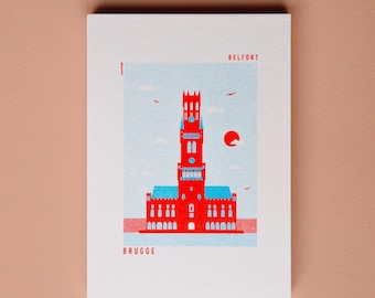 Postcard Bruges Belfry  blue/red - riso + envelope
