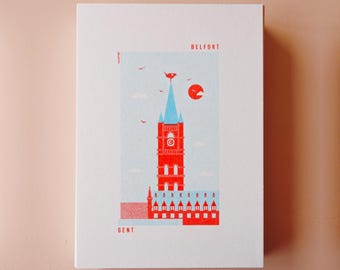 Postcard Belfry Ghent red + aqua - riso + envelope