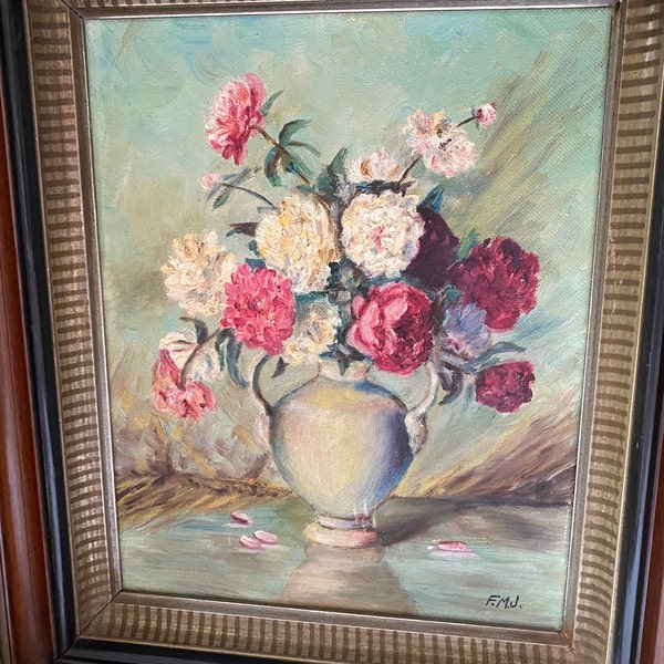 1930s Signed Oil on Board Wood FRAMED Floral Painting Vintage Pastel AQUA Pink Roses Vase ORIGINAL Art English Victorian Spring Garden Decor