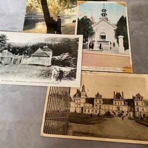 Set 4 cartoline fotografiche francesi Vintage Nero Bianco SEPPIA Paesaggi Villaggi ARCHITETTURA Non corrispondenti Cimeli di viaggio invecchiati COLLAGE Arte mista