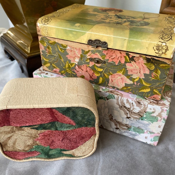 Set 3 French Fabric Boxes 1930s VANITY Jewelry Storage STACKING Vintage Mismatched Pink Floral Shabby Cottage Dresser HANDMADE Decoupage