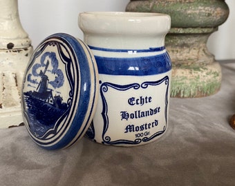 Niederländisch handbemalte DELFT Senfglas Vintage Blue & White Keramik Marmelade Honigtopf FRÜHSTÜCK Kaffee Bar Aufbewahrungsbehälter w / Korkdeckel Geschenk