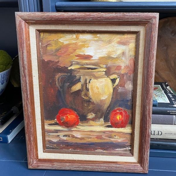 Original Oil on Canvas STILL Life Framed Painting RUSTIC French Country EARTH Tones Jug on Table Vintage Farmhouse Wall Gallery Vignette Art