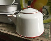 Lg Red White ENAMEL Tea Kettle w WOOD Handle Rustic Farmhouse Kitchen Cabin CAMPING Gear French Country Decor Modern Lodge Photo Prop
