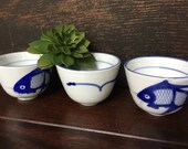 Set of 3 Asian Tea Cups Chinese Blue White GONGFU Tea Party WABI Sabi Modern Fish Ceramic Decor CHINOISERIE Small Succulent Planters Gift