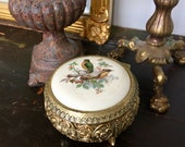 Vintage PORCELAIN Gold Ormulo Footed Jewelry Box Hollywood Regency Vanity Round Brass Storage REPOUSSE Trinket Song BIRDS Mothers Day Gift