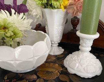 Set di 3 vasi in vetro di latte Westmoreland color menta, vintage non corrispondenti, vaso in rilievo bianco, portacandele, ciotola con pannelli, decorazione moderna PRIMAVERA