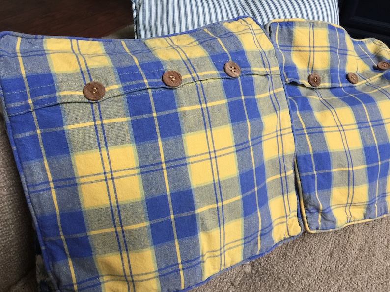 Pair 16 Square Pillow Forms Vintage Blue Yellow Plaid Etsy