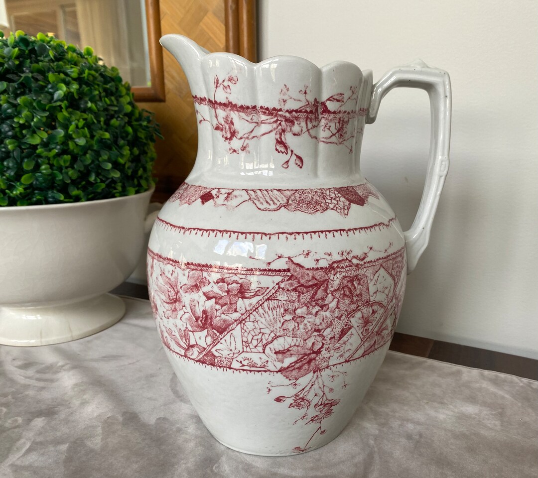 XLG English Ironstone Pitcher Vintage Red Transferware EWER Water Jug