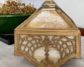 Arts Crafts SLAG Glass Lampshade 1920s Caramel Cream Art 4 Panel Filigree Cast Iron Metalwork Frame Antique AMERICAN Mission Lighting Gift