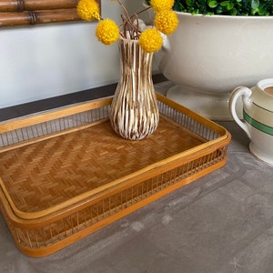 Small BAMBOO & Rattan Tray Vintage WOVEN Natural Fibers Tea Vanity Display Tray w/ Sides Modern CHINOISERIE Decor Asian Gift