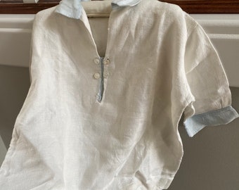 1950s French LINEN Child's Shirt Vintage White & Blue 3/4 Sleeves COLLARED Summer Beachwear Sailing Top Neutral UNISEX Clothing Wall Textile