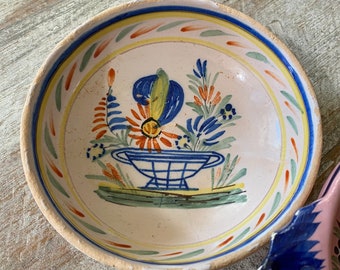 BLUSH Rosa HenRiot Quimper Schüssel 1930er Jahre signiertes französisches bretonisches Steingutgeschirr Rustikale Fayence-Keramik Vintage Porridge CAFE Au Lait Gefäß