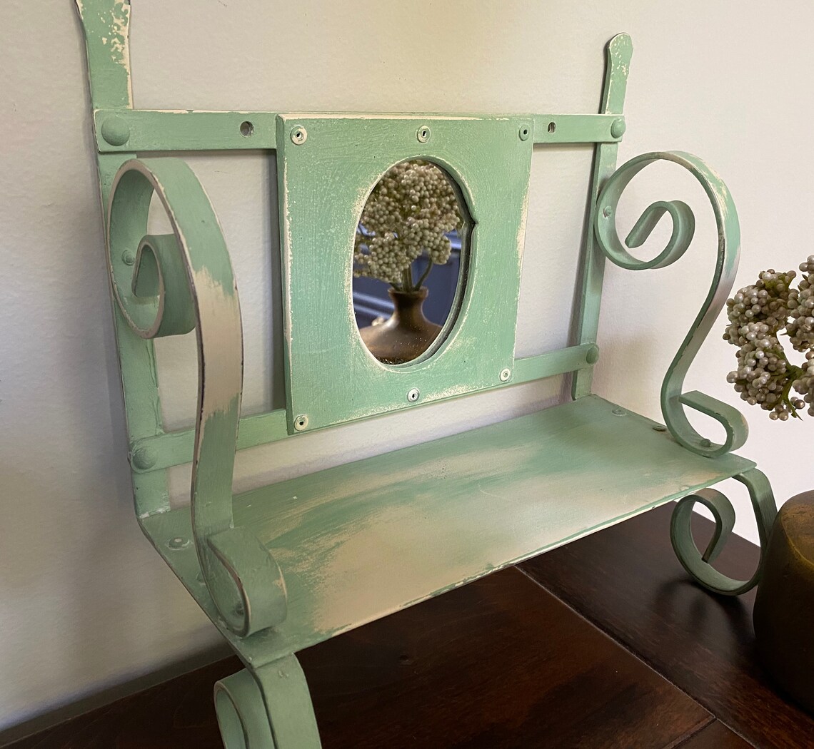 Painted WROUGHT Iron Wall Shelf w/ Mirror Small Vintage Vanity Etsy