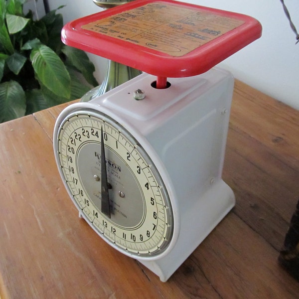 Store CLOSING: Sale Red White Metal Scale Farmhouse Kitchen 25 CALIBRATED Baking Hanson Utility French Country Market Mid Century Modern