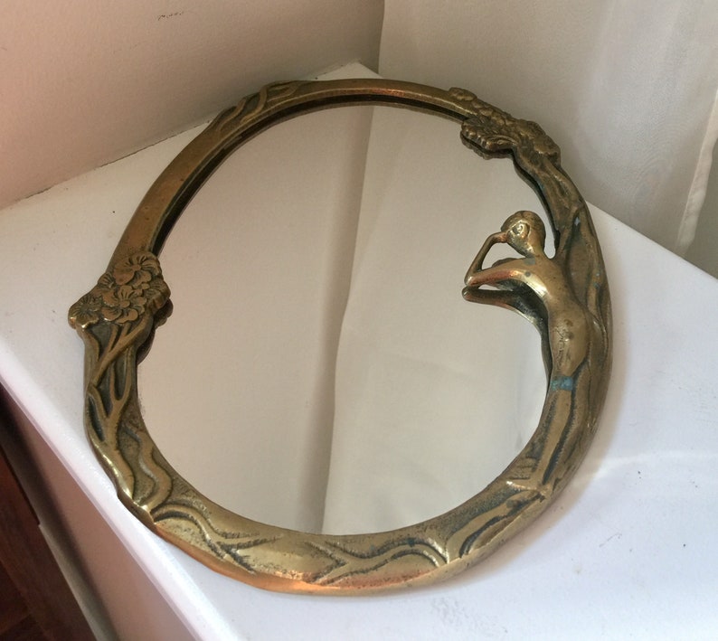 French Cast Brass Wall Mirror Vintage Oval Bronze Verdigris French Cast Brass Wall Mirror Vintage