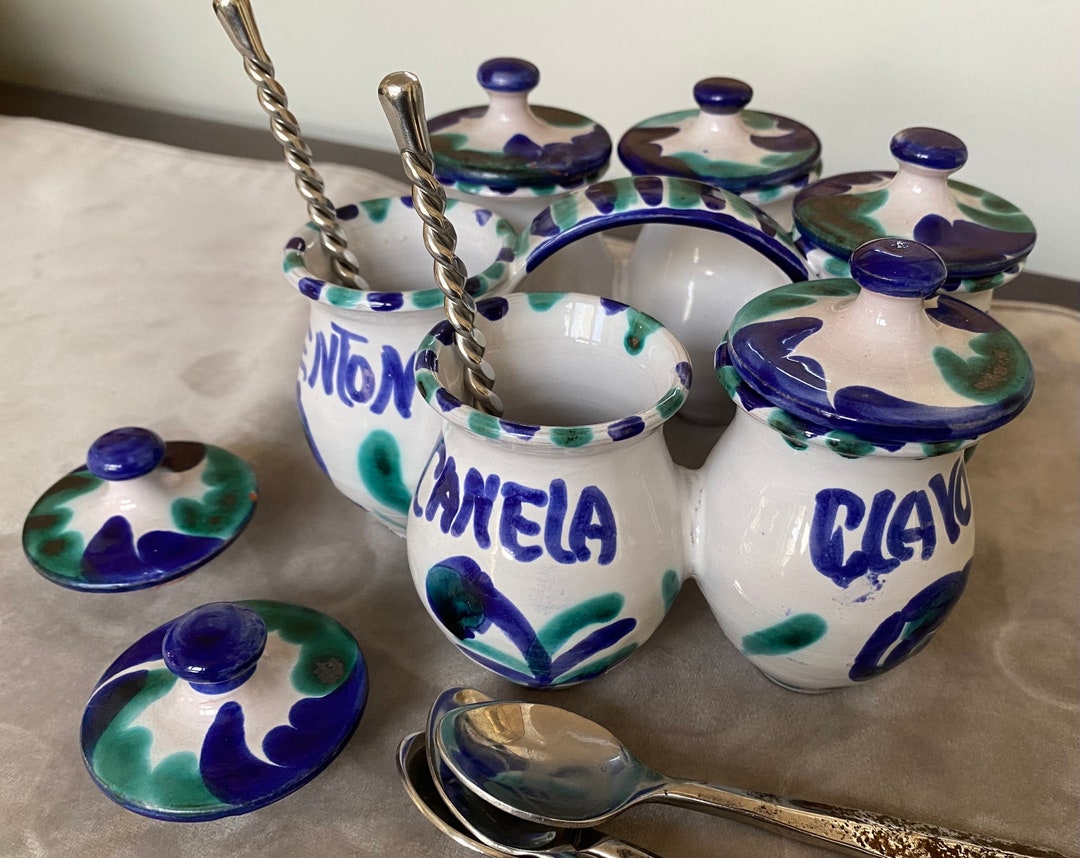 Rare Vintage SPICE Caddie Spanish Blue Green Ceramic Jars GRANADA