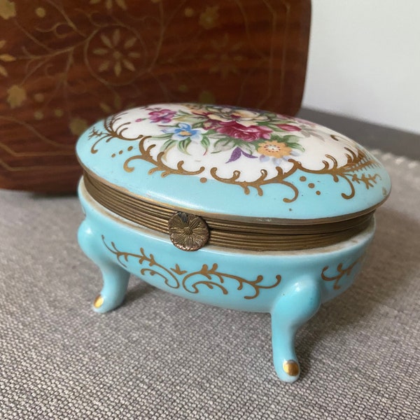 Victorian GILDED Jewelry Casket 1920's Antique French PORCELAIN Pastel Aqua & Gold Floral Engagement Ring Box FOOTED Vanity Cache Dresser