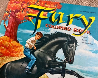 1957 Floor POSTER Sz Libro para colorear Vintage FURY American Western Horses COWBOYS Ephemera Mid Century Whitman Boy Nursery Dormitorio Arte de pared