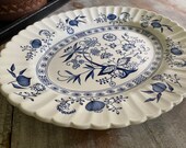 Lg Blue Nordic FLUTED Platter Vintage English Ironstone MEAKIN Blue Onion White Transferware Serving Dishes Modern Farmhouse HOLIDAY Gift