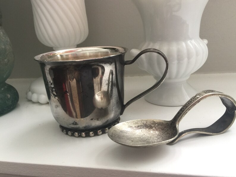 Pair Silver Plated BABY Finger Spoon /& Cup Mid Century Baby REVEAL Party Shower Gift Vintage MOTHERS Day Nursery Photo Props Mixed Media Art