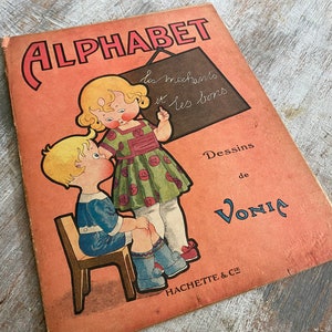 Lg 1900's ALFABETO francés Dibujos coloreados Libro TIPOGRAFÍA antigua Ilustraciones de cartas infantiles HACHETTE Baby Nursery Ephemera Wall Art