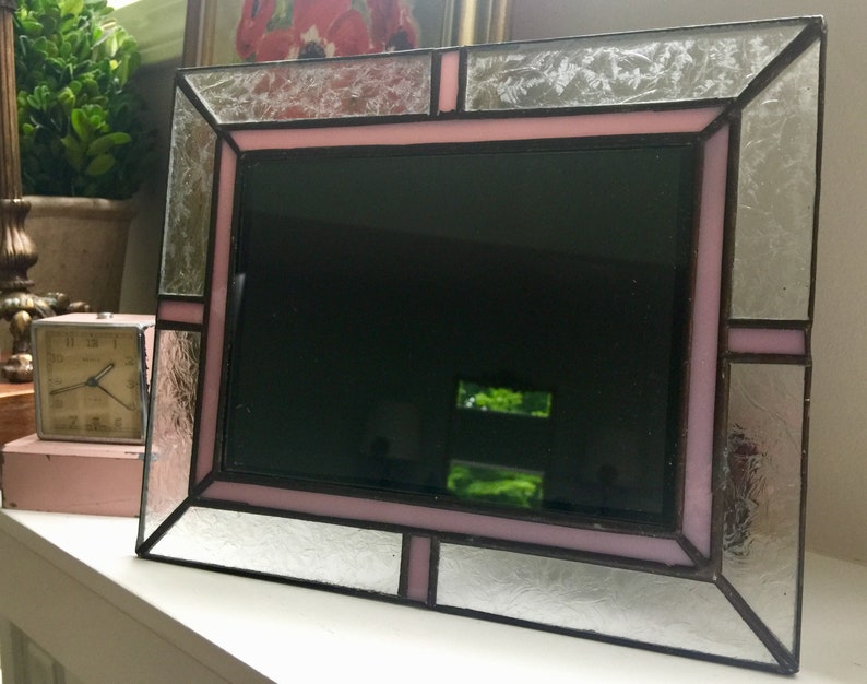 Lg Stained Glass Photo Frame 5x7 Vintage Purple Pink Pearlized Etched Cottage Shabby Boho Chic Picture Bohemian Baby Girl Gift