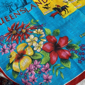Antiker Leinentisch Mid Century GRAPHIC Landkarte Dekostoff 1950's Land & Meer Australien QUEENSLAND Reise-Souvenir Heil Textiles