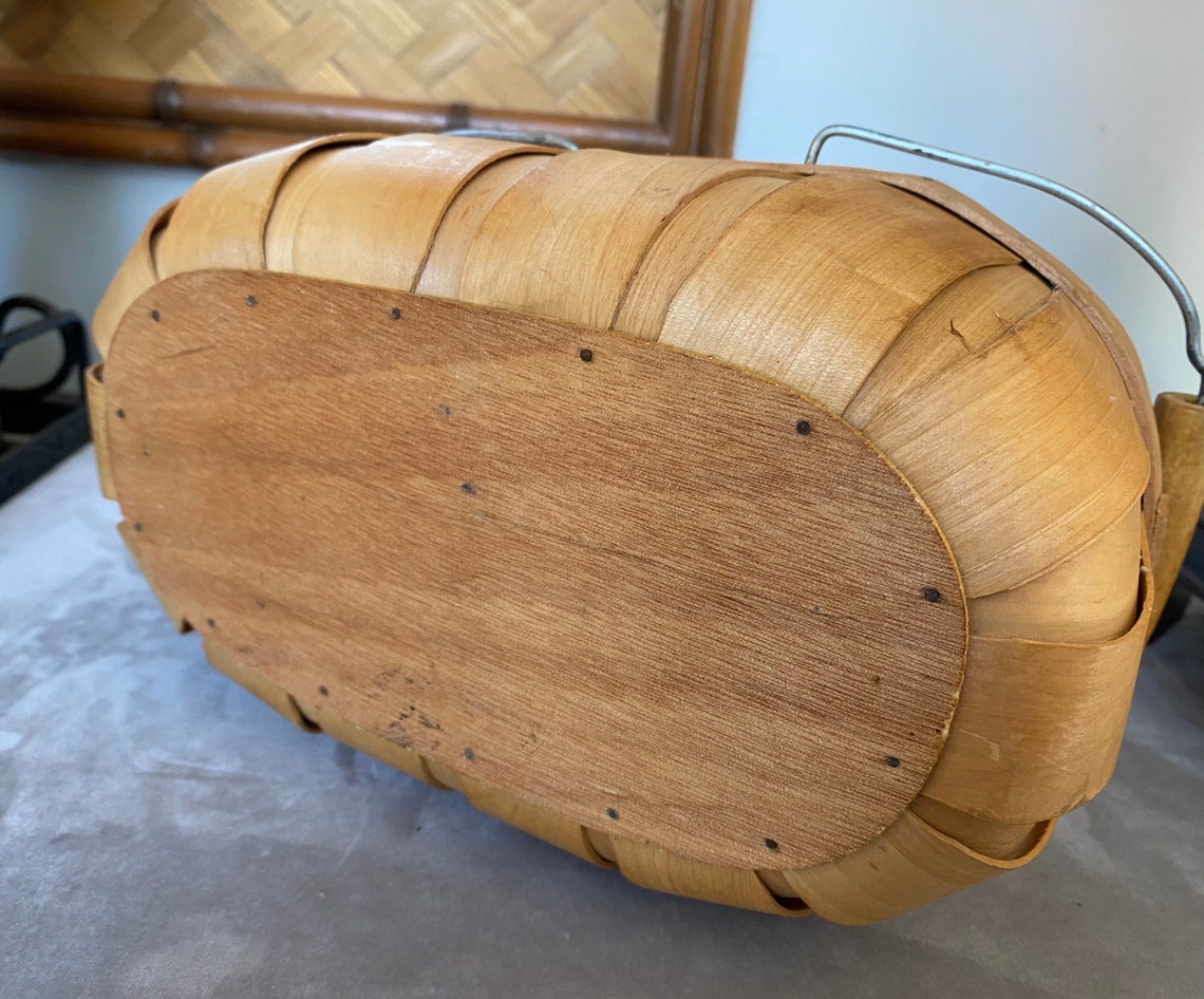 Vintage Split Wood FLAT Bottom Basket w / Wire Handles Rustic Etsy