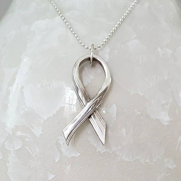Cancer Ribbon necklace, Silver necklace, vintage silverware necklace. Silver-plate spoon handle on 18 inch sterling chain. Free Shipping