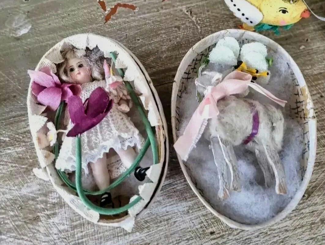Antique German Porcelain Doll & Erzgebirge Sheep in Papier Mache