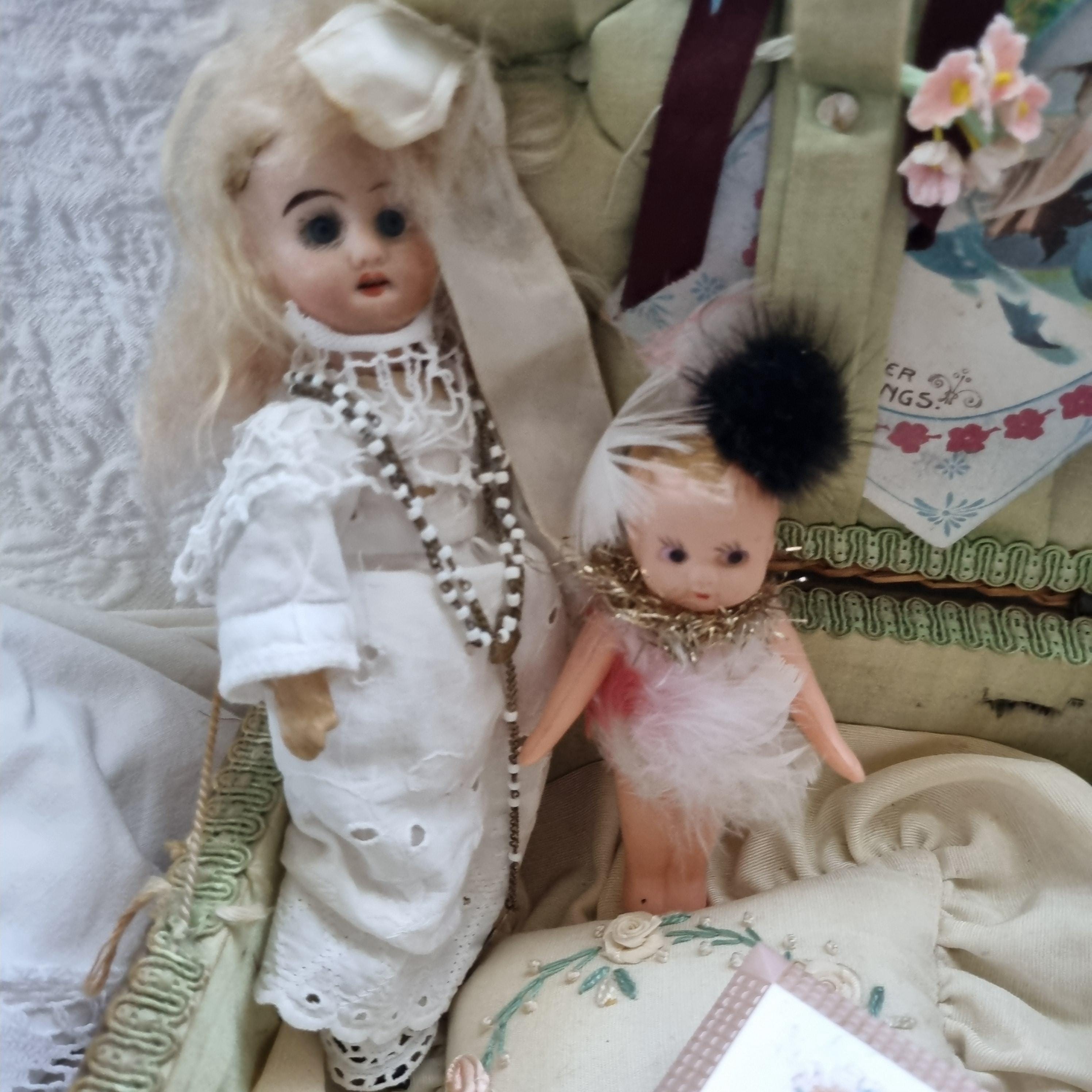 Antique Wicker Basket Set: French Porcelain Doll, Kewpie Doll