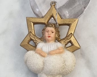 Adorno navideño vintage de ángel nube, década de 1940 y 1950, ángel de Alemania Occidental, árbol de plumas, mica brillante, MCM, blanco, decoración.
