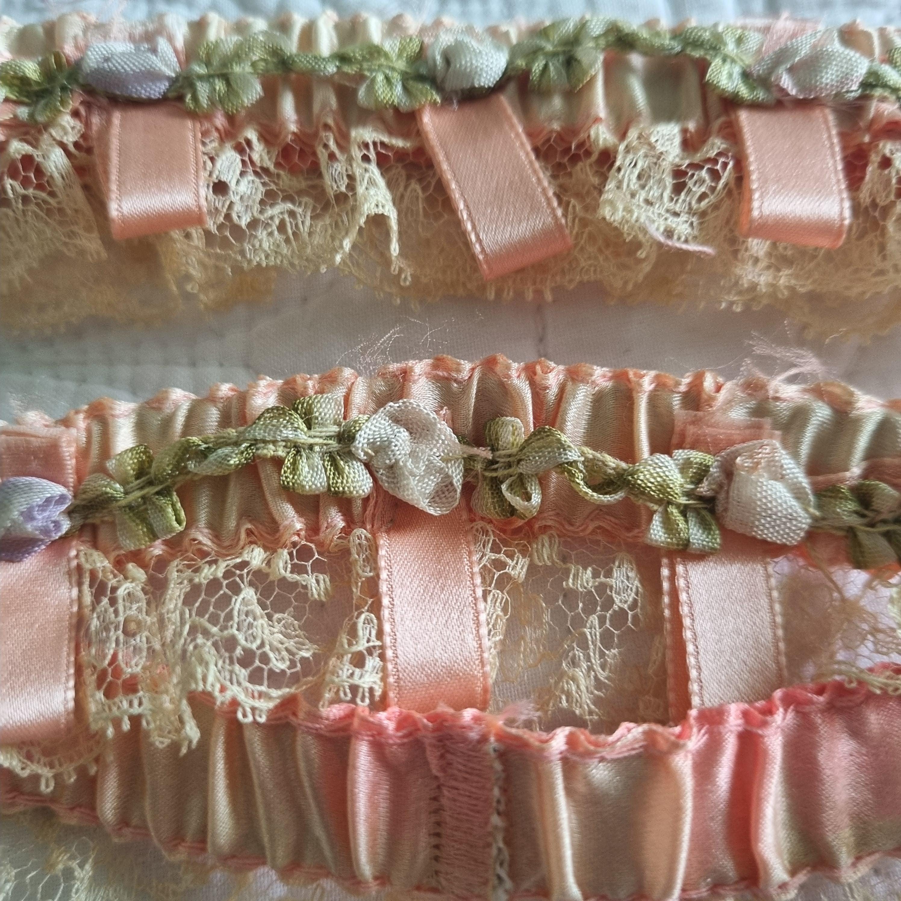 Antique pair Garters with stunning trim Ribbon Roses work satin ribbon and Antique Vintage French Lace Wedding Rare and Collectible
