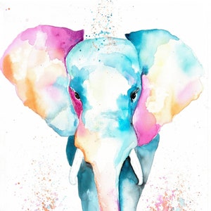 Whimsical, Printable Watercolor Art, Elephant, Digital File