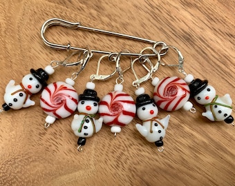 5 lampwork glass christmas stitch markers, snowmen, peppermint lollies, crochet accessory, knitting accessory, knitting gift, yarn tool