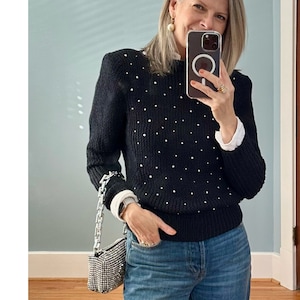 Black Beaded Sweater, Embellished Black Top,  Evening Top, Sweater with Pearls