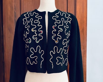 80s Black Jewel Sweater, Jeweled Embellished Sweater