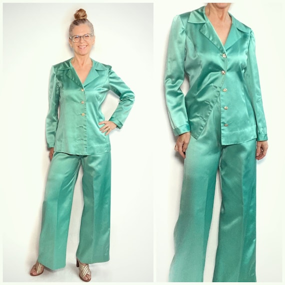 60s Satin Suit, Vintage Pant Suit, Aqua Green 2 Pc